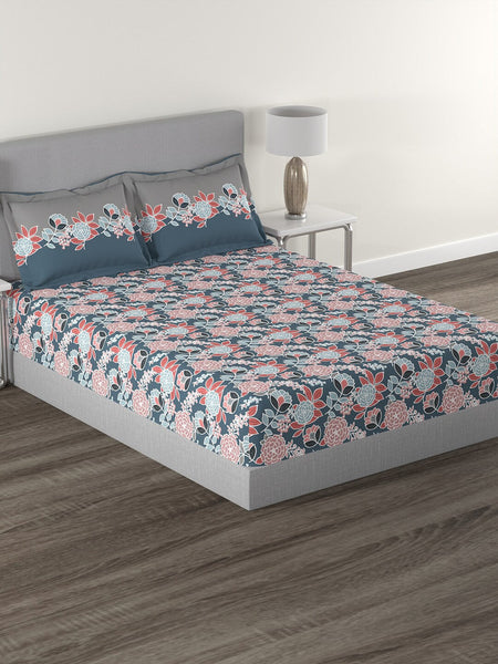 MYTRIDENT Blue Green Floral Cotton 144 TC Queen Bedsheet With 2 Pillow Covers