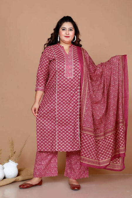 Miravan Women Plus Size Pink Straight Floral Printed Kurta & Palazzo With Dupatta