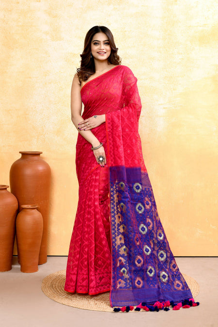 Piyari Fashion Women's Rani Pink Embellished Cotton Blend Jamdani Saree