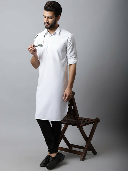 Even Apparels White Color Pure Cotton Solid Men's Kurta With Shirt Collar (SLD1203)