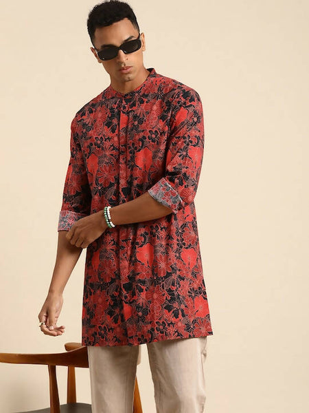 Red & Black Men pure Cotton Floral Printed Straight Kurta - Mahotsav