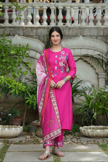 Juniper Fuchsia Mono Viscose Festive Wear Embroidered Straight Kurta Pant Dupatta Set