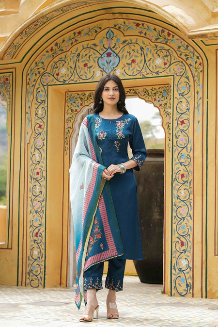 Juniper Women's Teal Satin Slub Straight Embroidered Kurta Sets