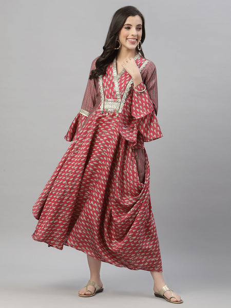 Juniper Women's Pink Silk Printed Flared Dress
