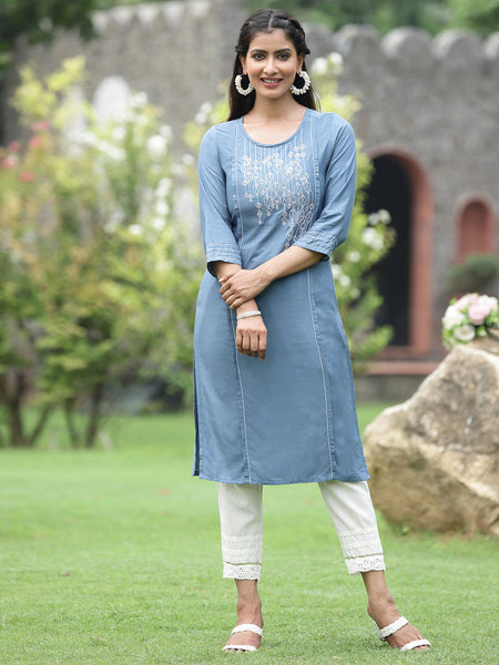 Juniper Women Grey Rayon Festive Wear Embroidered Straight Kurta
