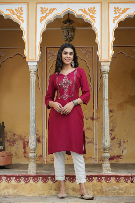 Juniper Maroon Rayon Festive Wear Embroidered Straight Kurta