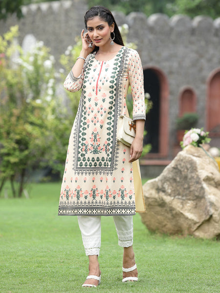 Juniper Women Off-White Crepe Casual Wear Digital Printed Straight Kurta
