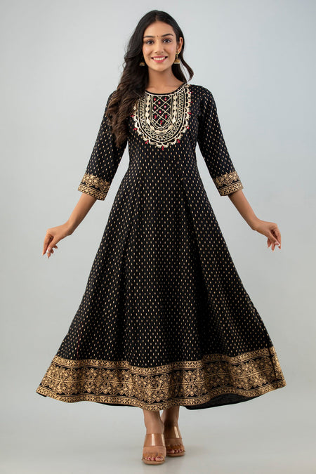 Juniper Women's Black Rayon Printed Flared Dress
