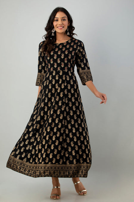 Juniper Women's Black Rayon Printed Flared Dress