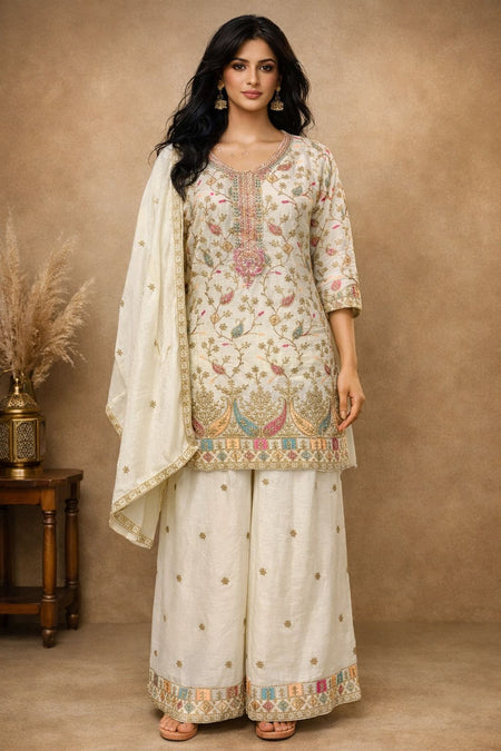 Anaita White Chinon Stitched Plazzo Suit With Embroidery Work
