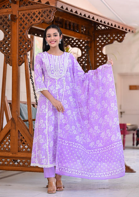Juniper Women's Purple Cotton Printed Straight Kurta Pant Dupatta Set