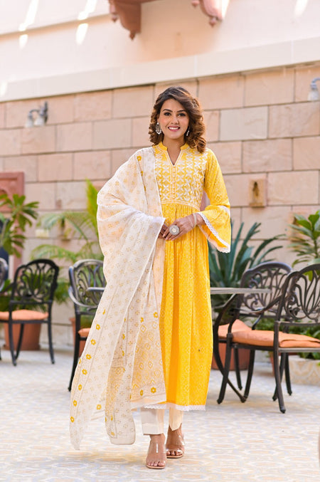 Juniper Women's Yellow Cotton Printed Straight Kurta Pant Dupatta Set