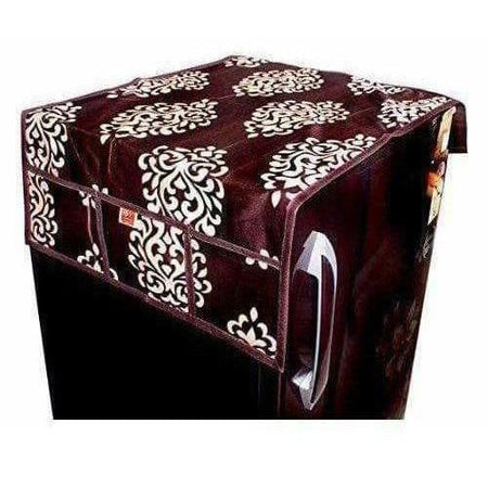 Floral Design Fridge Top Cover with 6 Utility Pockets - Brown Color