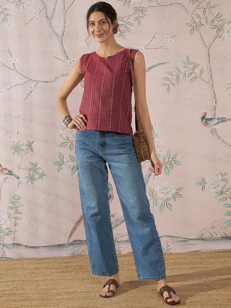 InWeave Maroon Striped Kantha W/S Top
