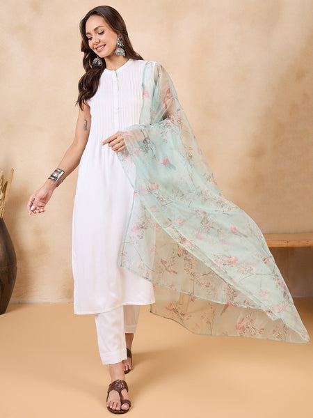 InWeave Teal Bird Print Organza Dupatta