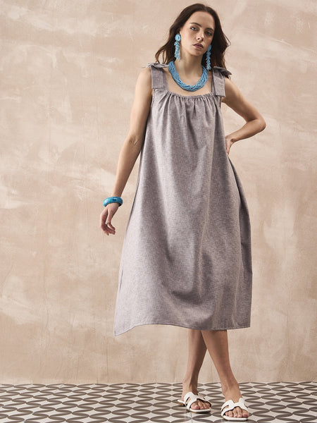 InWeave Dull Grey Linen Pleat Bow Dress