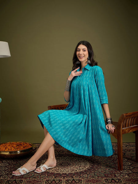 InWeave Cyan Blue Ikkat Kantha Collar Flared Dress