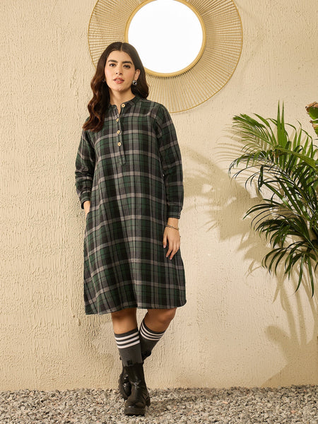 InWeave Green Black Check Mandarin Button Neck Dress