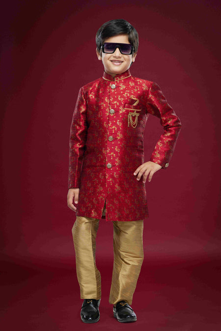 Raivat Ethnic Kids Banarasi Jacquard Woven Work Semi Indo Western Set Maroon Colour