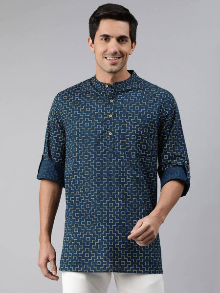 Janasya Men Navy Blue & Yellow Geometric Printed Kurta