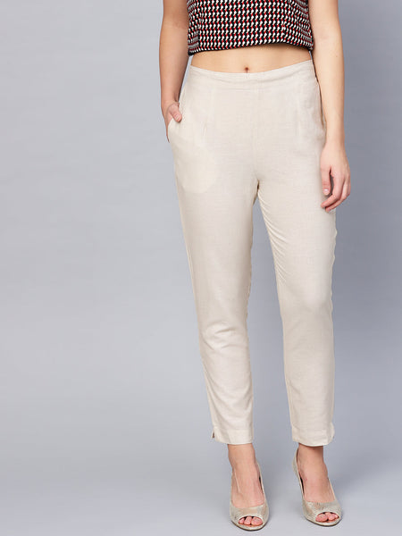 Juniper Women Offwhite Cotton Flex Solid Slim Fit Pant/Slim Pant
