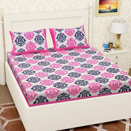 Vamika Printed Cotton White & Pink Flower Design Bedsheet With Pillow Covers (LEOC_PPNKC_P)