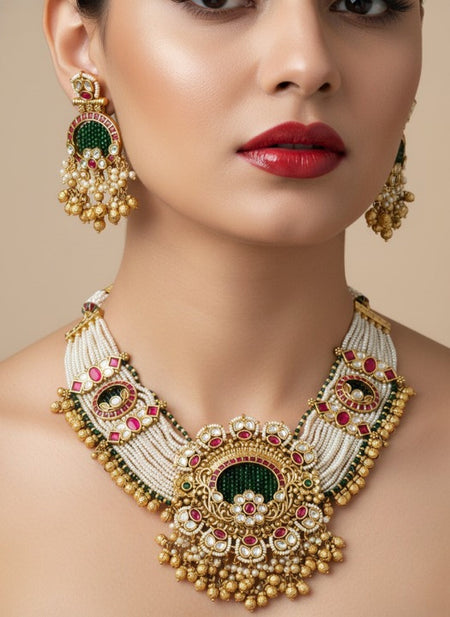 Jewel City Traditional Gold-Plated Pearl Necklace Set Featuring Matching Jhumka Earrings