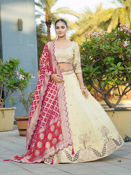 Monjolika Fashion Embroidered Work Viscose Trendy Lehenga Choli in Cream for Festival