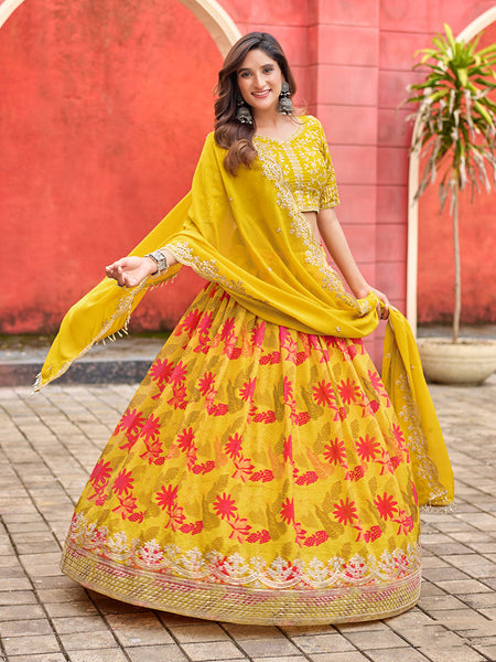 Monjolika Fashion Yellow Printed Embroidered Tabby Silk Trendy Lehenga Choli