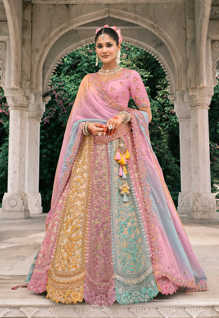 Monjolika Fashion Multicolor Silk Bridal With Thread Embroidery And Stone Work Lehenga
