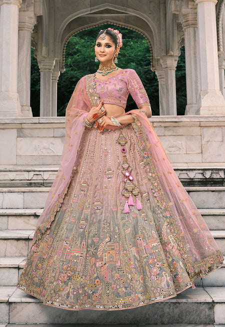 Monjolika Fashion Dusty Pink And Grey Silk Bridal With Thread And Moti Work Lehenga