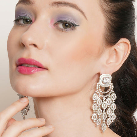 Long Diamond Studded Dangler Earrings- Ruby Raang
