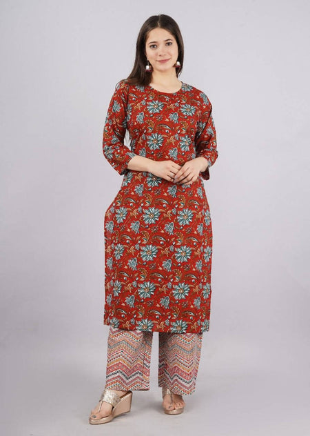 Vamika Printed Cotton Red Party Wear/Casual Wear Kurta Set/Suit