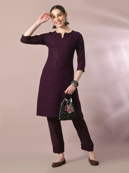 Myshka Women's Magenta Embroidered Cotton Straight Party Kurta Set