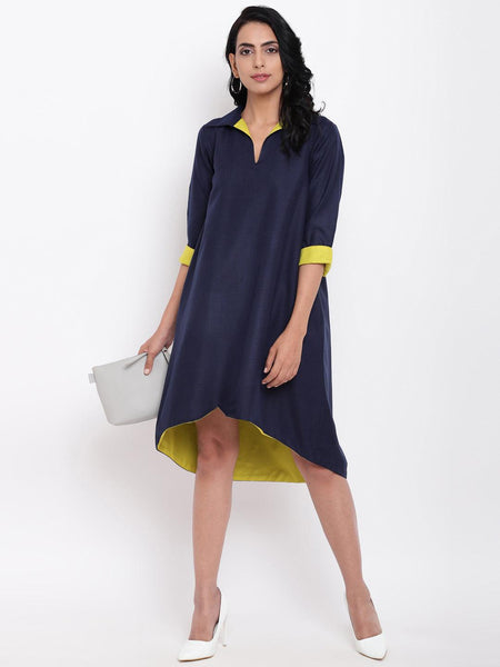 trueBrowns Linen Cotton Blue Collared Dress