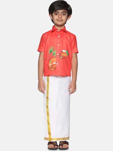 Sethukrishna Boys Red & White Printed Shirt with Dhoti