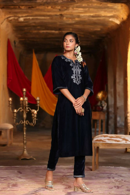 Juniper Women Navy Velvet Embroidered Straight Kurta Sets