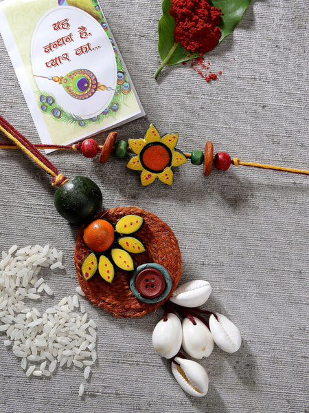 NVR Women & Men Set of 2 Multicolor Sea Shell Handcrafted Bhaiya Bhabhi Rakhi With Roli Chawal & Chocolate