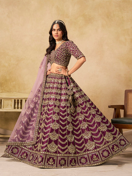 Monjolika Fashion Purple Color Zari Embroidered Work Art Silk A Line Lehenga Choli