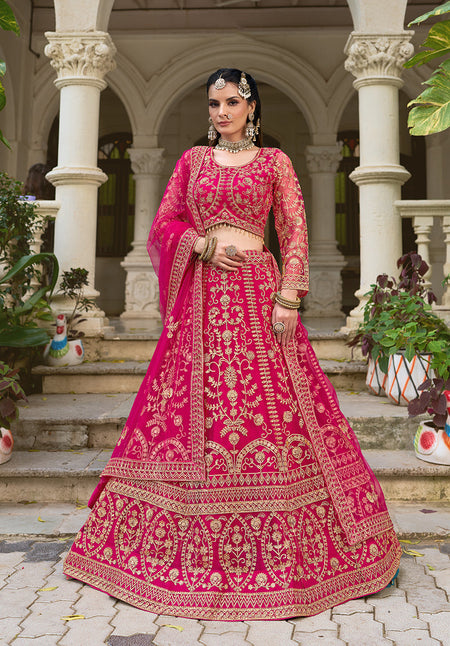 Monjolika Fashion Rani Pink Butterfly Net Embroidered Work Stunning Lehenga For Wedding Season