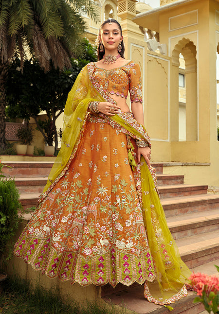 Monjolika Fashion Readymade Lehenga Choli Heavy Work Embroidered Silk In Amber