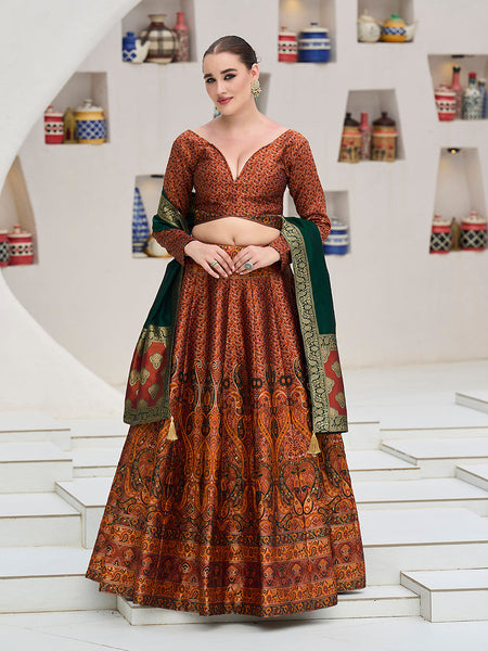 Monjolika Fashion Rust Kanjivaram Jacquard Designer Lehenga Choli For Ceremonial