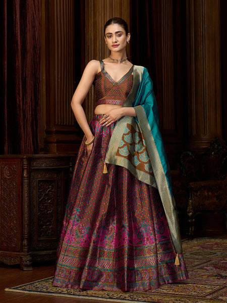 Monjolika Fashion Brown Kanjivaram Silk Jacquard Woven Trendy Lehenga Choli