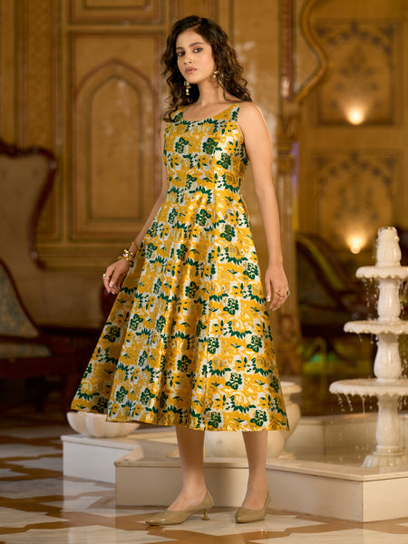 Monjolika Fashion Yellow Jacquard Woven Floral Fit & Flare Midi Dress