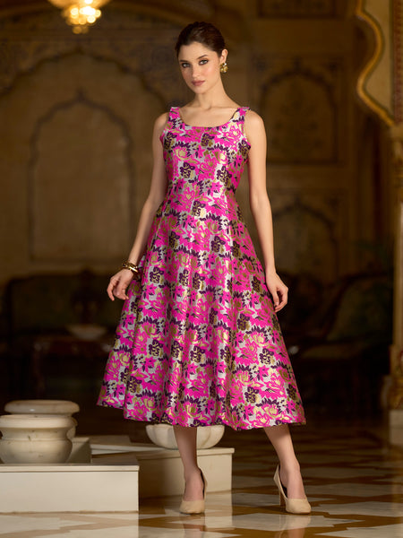 Monjolika Fashion Pink Jacquard Woven Floral Fit & Flare Midi Dress
