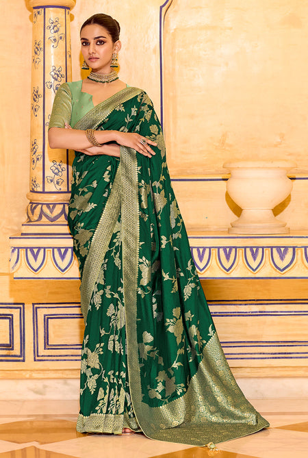 Monjolika Fashion Dark Green Faux Crepe Silk with beautiful Zari Weaving Work Classic Saree