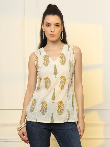 Yufta Mustard Cotton Sleeveless Boxy Top