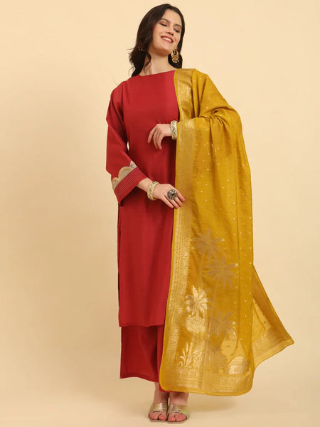 Yufta Rust Silk Flared Sleeves Kurta With Palazzo Banarasi Dupatta Set