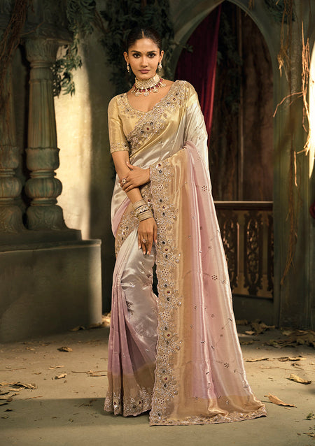 Monjolika Fashion Cream And Pink Silk Blend Wedding Saree With Cut Dana, Embroidered, Moti And Zari Work