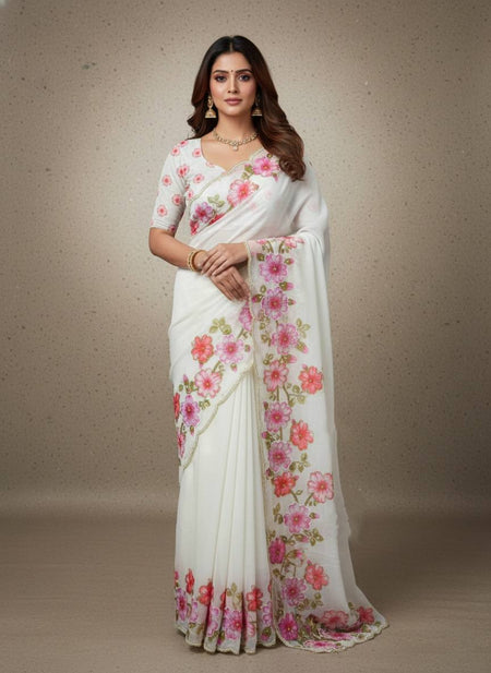 Evanik Soft Crystal Organza With Floral Print With Pearls And Pipe Hand Work Saree With Unstitched Blouse